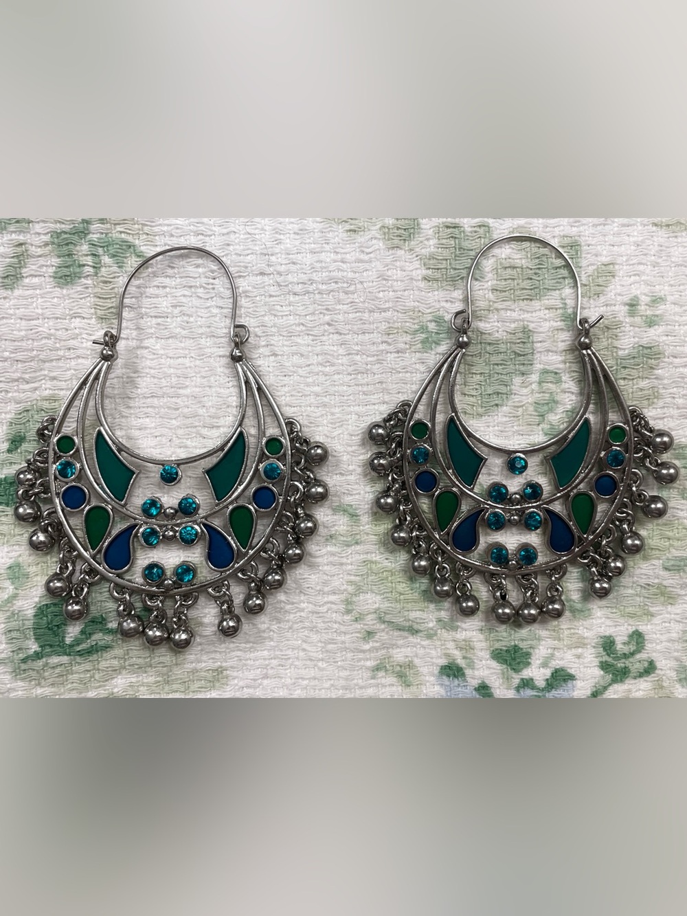 Silver Blue Green Boho Statement Hoop Earrings